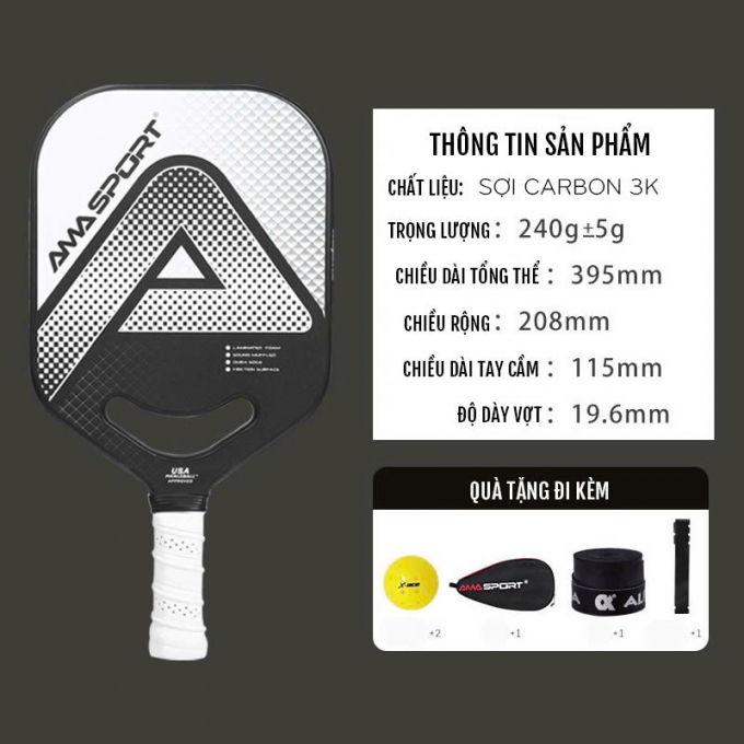 Vợt Pickleball sợi carbon 19.6mm Ama sport cao cấp 005