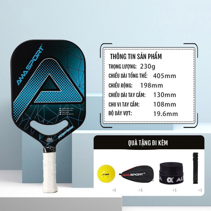 Vợt Pickleball sợi carbon 19.6mm Ama sport cao cấp 005