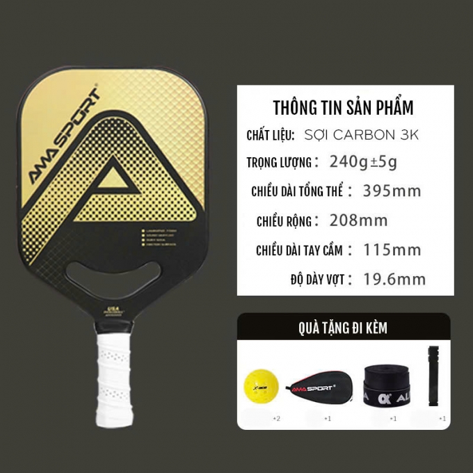 Vợt Pickleball sợi carbon 19.6mm Ama sport cao cấp 005