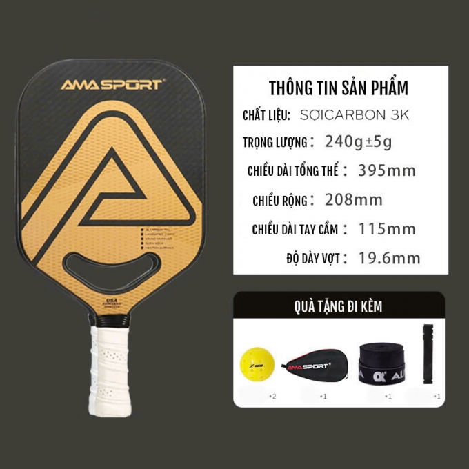 Vợt Pickleball sợi carbon 3K 19.6mm cao cấp 003