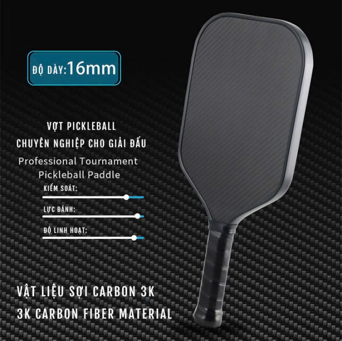 Vợt Pickleball sợi carbon 3k trơn 16mm cao cấp chuyên nghiệp 014