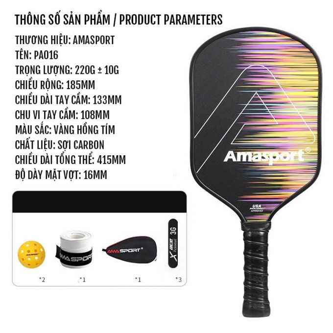 Vợt Pickleball sợi carbon Ama sport 16mm cao cấp PA016 012