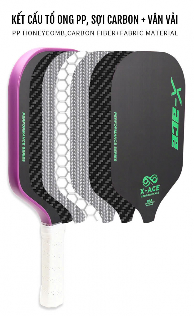 Vợt Pickleball sợi carbon vân vải X ACE 16mm cao cấp 013