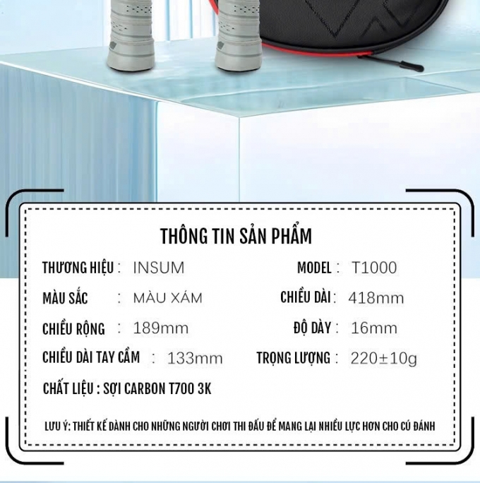 Vợt Pickleball T1000 INSUM sợi Carbon cao cấp 001